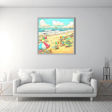 Bold graphic comic beach scene with colorful umbrellas, waves, and sunny sky