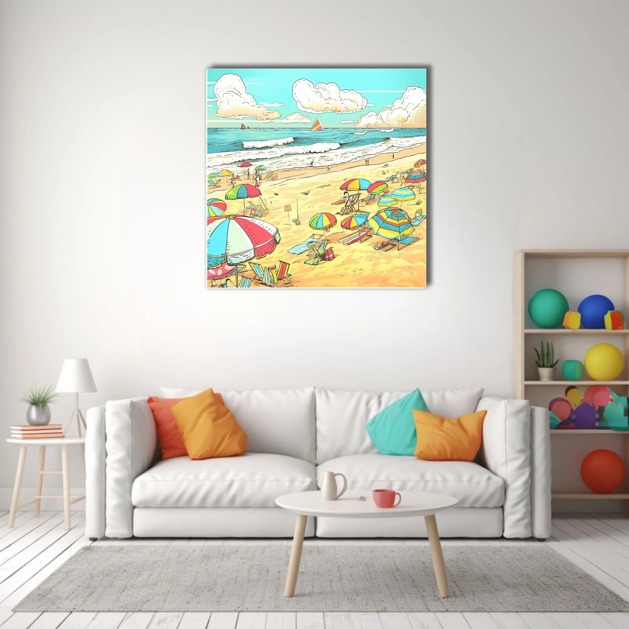 Bold graphic comic beach scene with colorful umbrellas, waves, and sunny sky