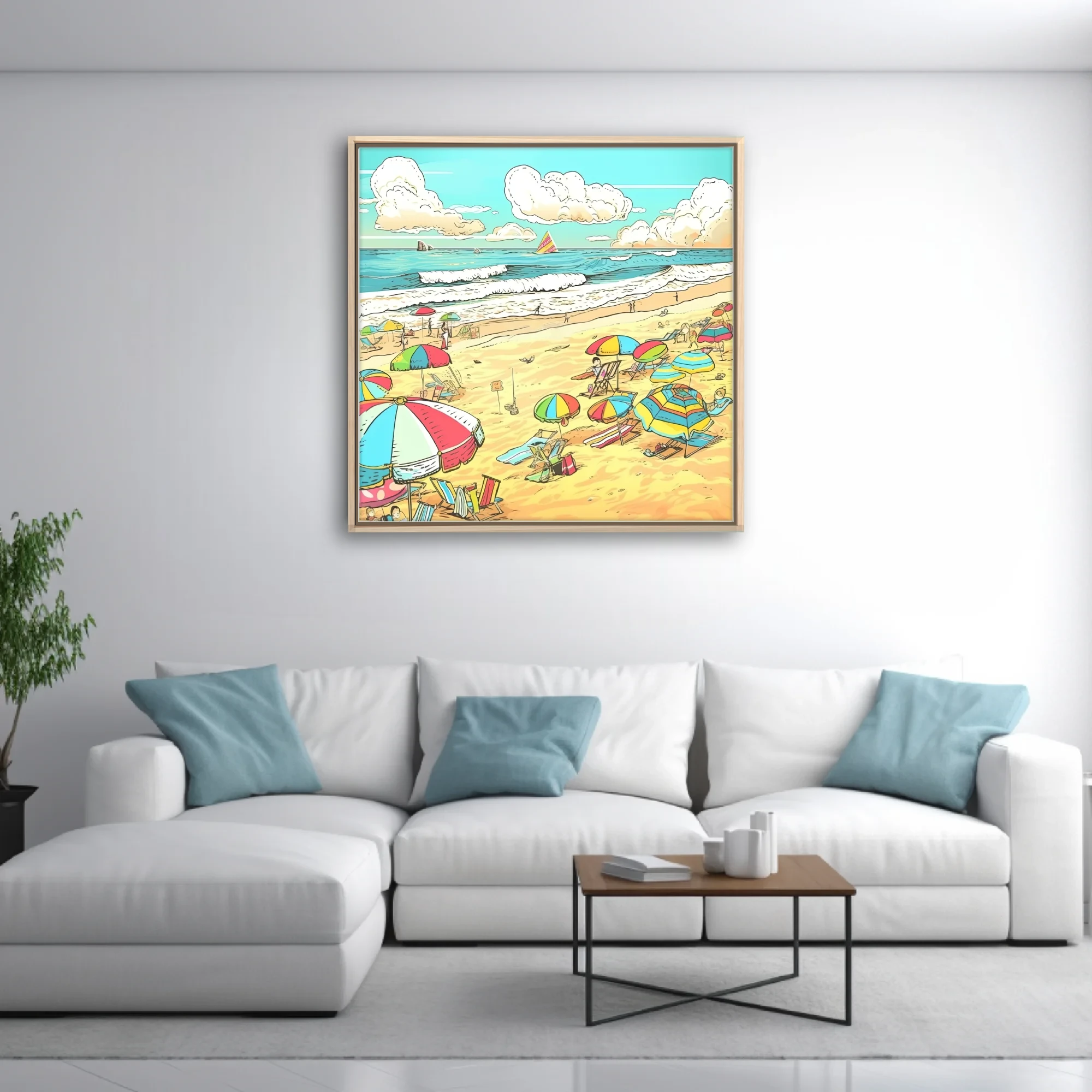 Bold graphic comic beach scene with colorful umbrellas, waves, and sunny sky