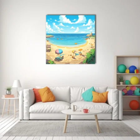 Stylized summer beach scene with turquoise water, colorful umbrellas, and sunny sky