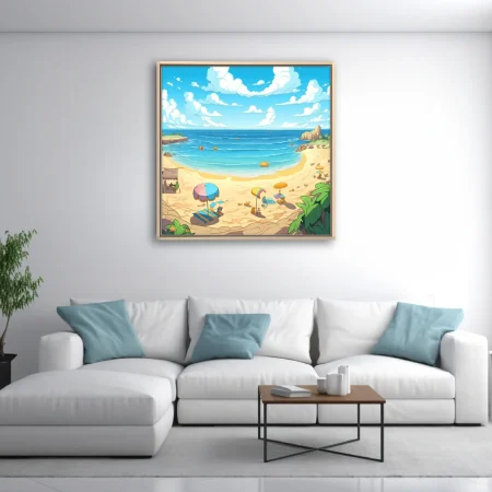 Stylized summer beach scene with turquoise water, colorful umbrellas, and sunny sky