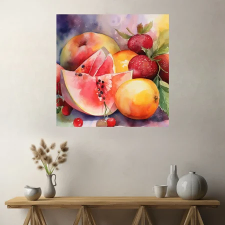 Watercolor-style summer fruit still life — vivid reds, oranges, and pinks