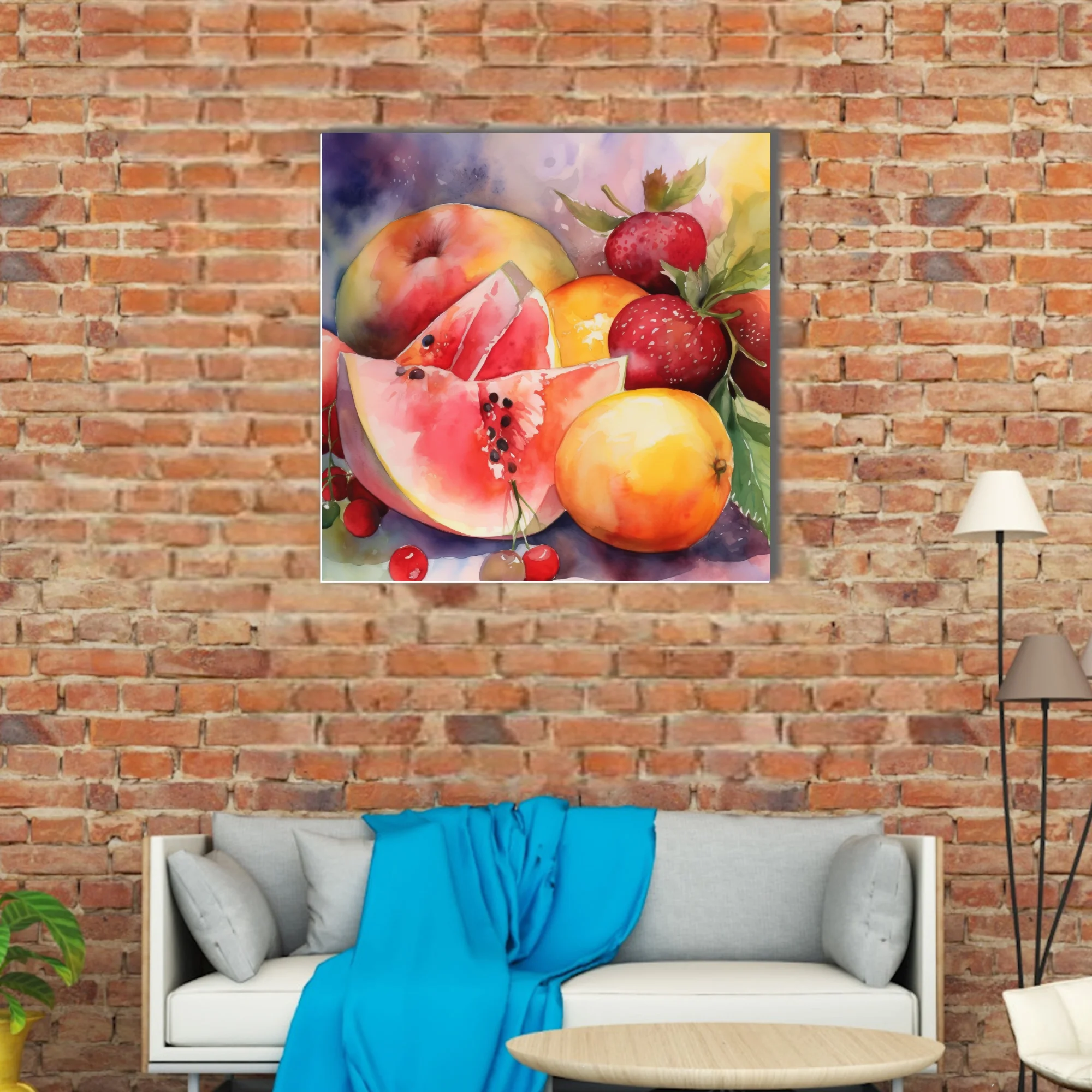 Watercolor-style summer fruit still life — vivid reds, oranges, and pinks