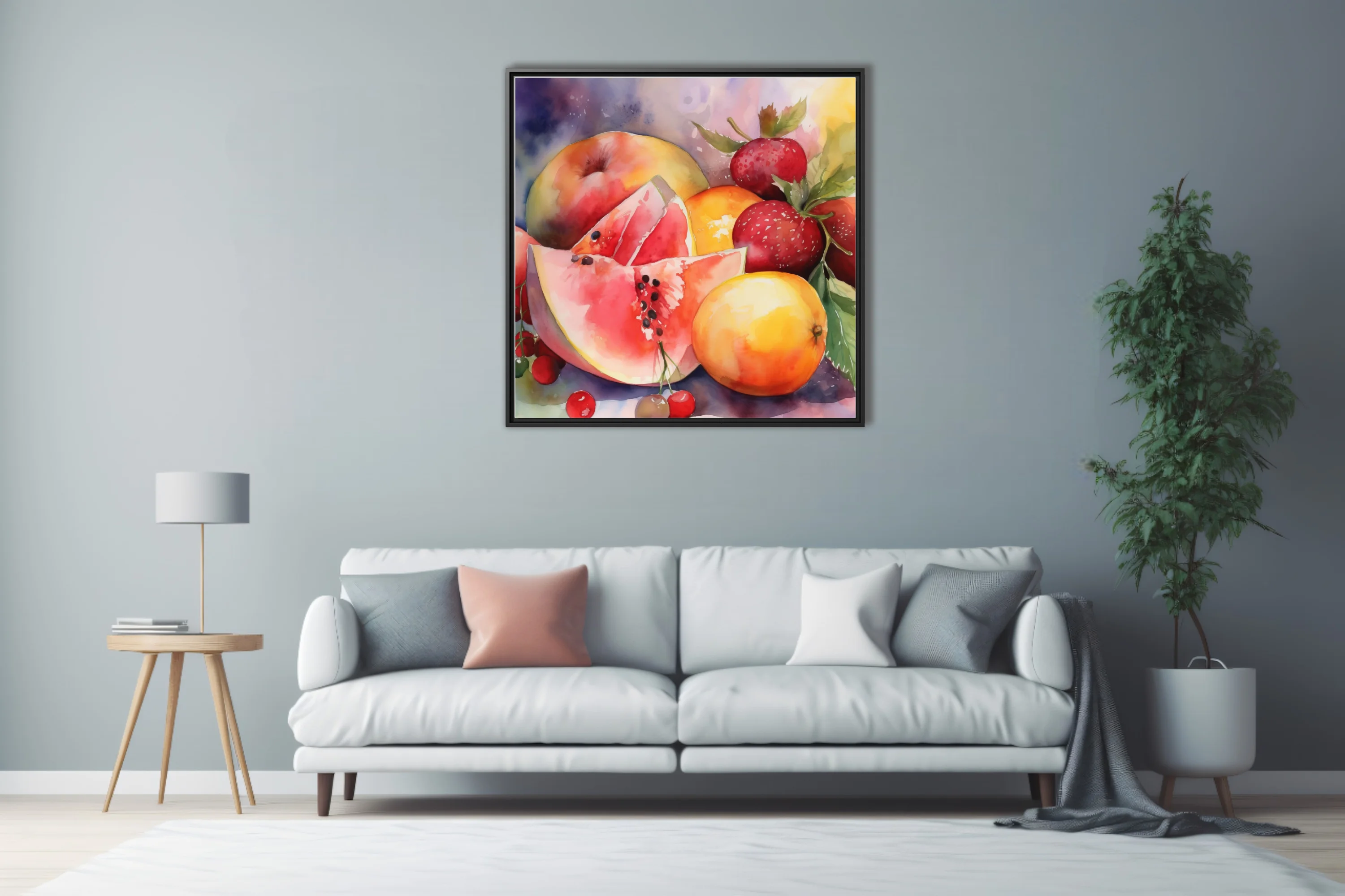 Watercolor-style summer fruit still life — vivid reds, oranges, and pinks
