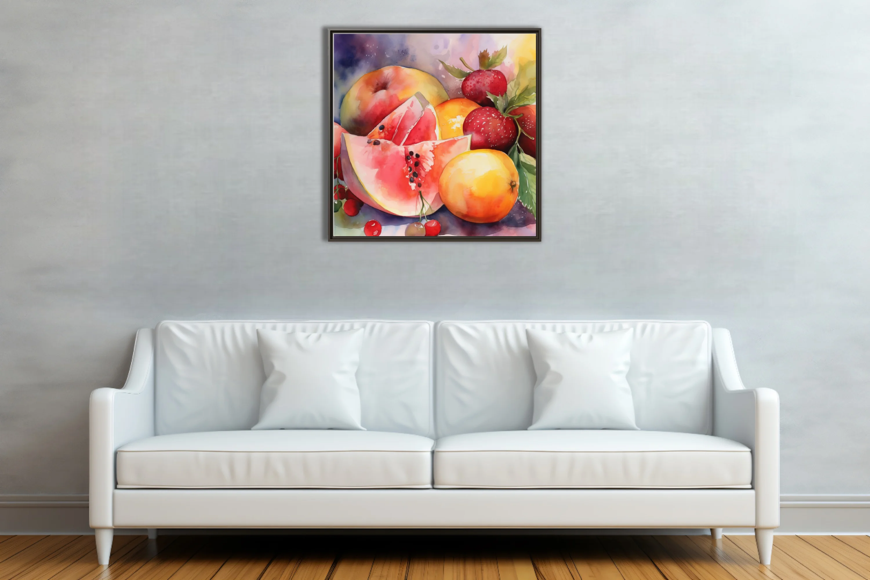 Watercolor-style summer fruit still life — vivid reds, oranges, and pinks