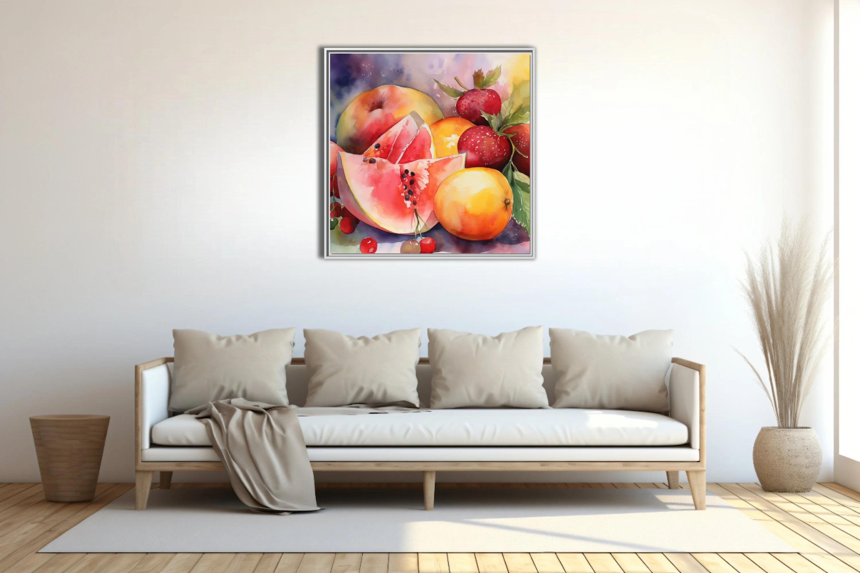 Watercolor-style summer fruit still life — vivid reds, oranges, and pinks