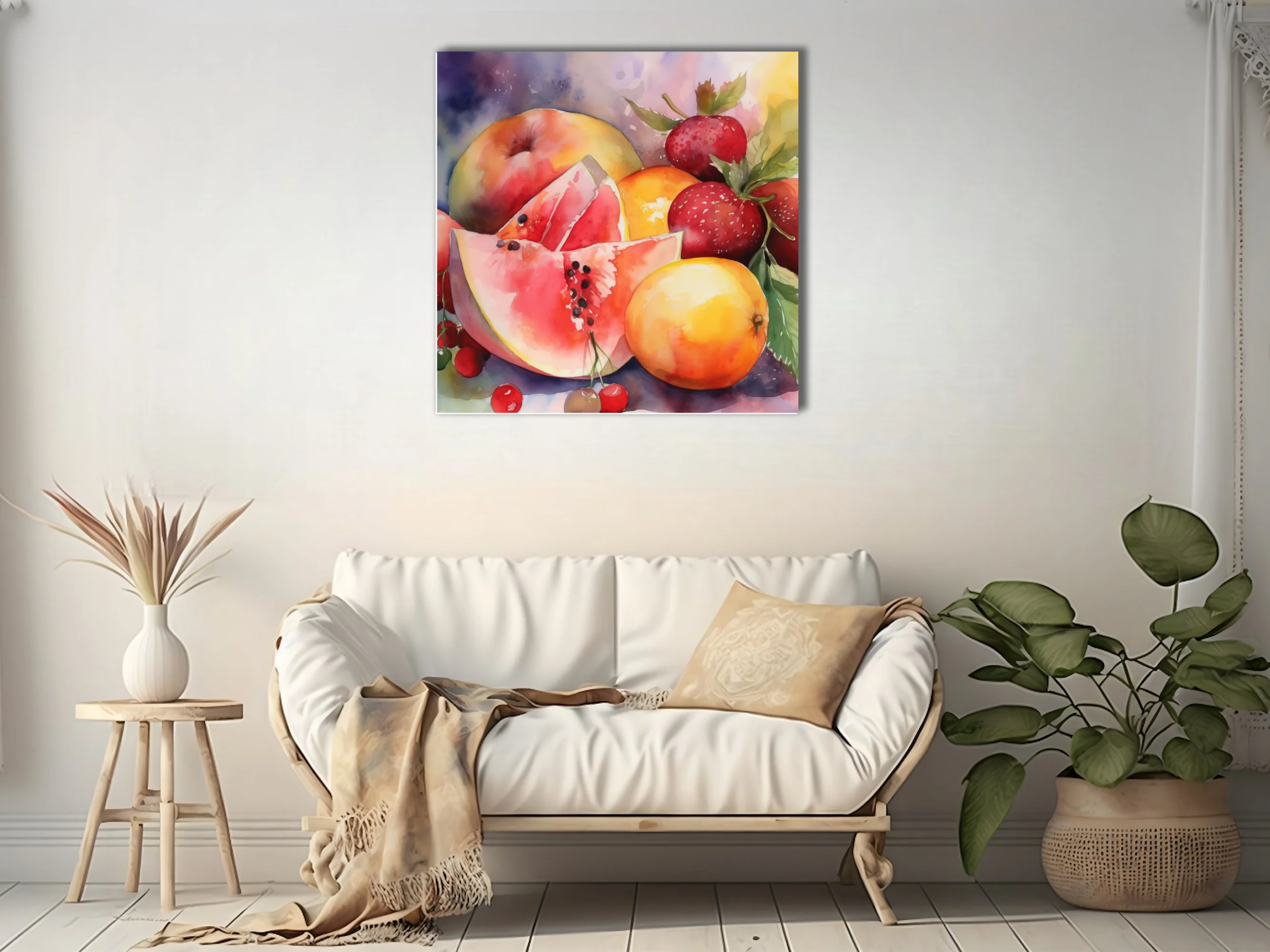 Watercolor-style summer fruit still life — vivid reds, oranges, and pinks