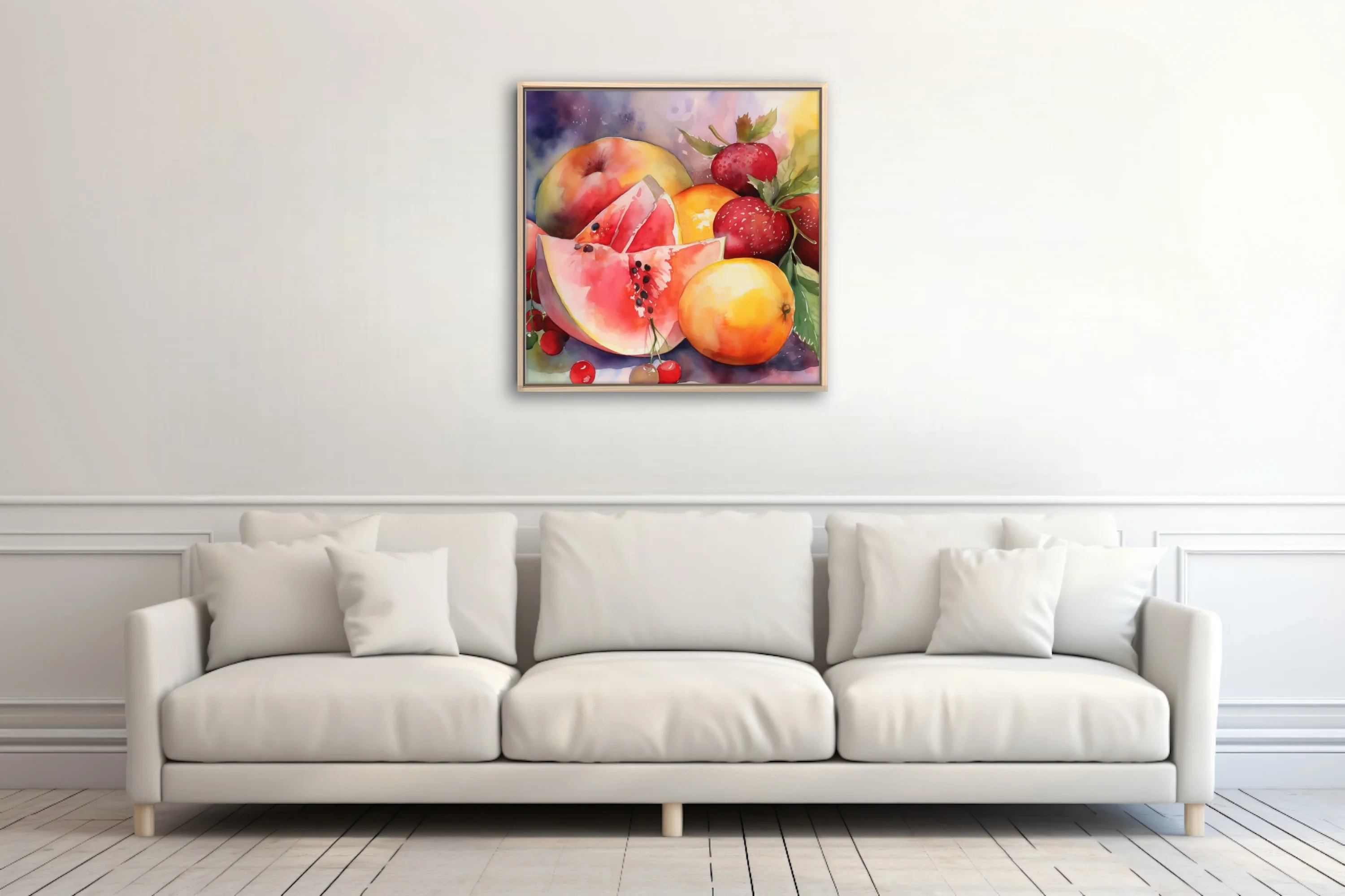 Watercolor-style summer fruit still life — vivid reds, oranges, and pinks
