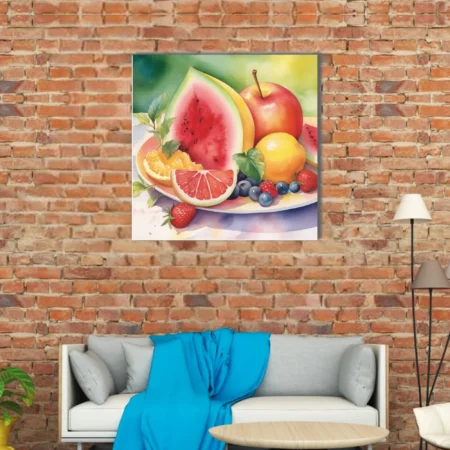 Watercolor-style summer fruit still life — vivid reds, yellows, and greens on white plate