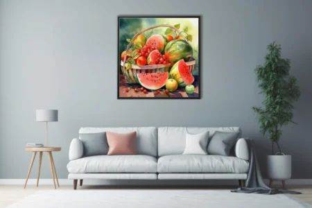 Watercolor-style summer fruit basket with watermelon slices, cherries, and apples in vivid reds and greens