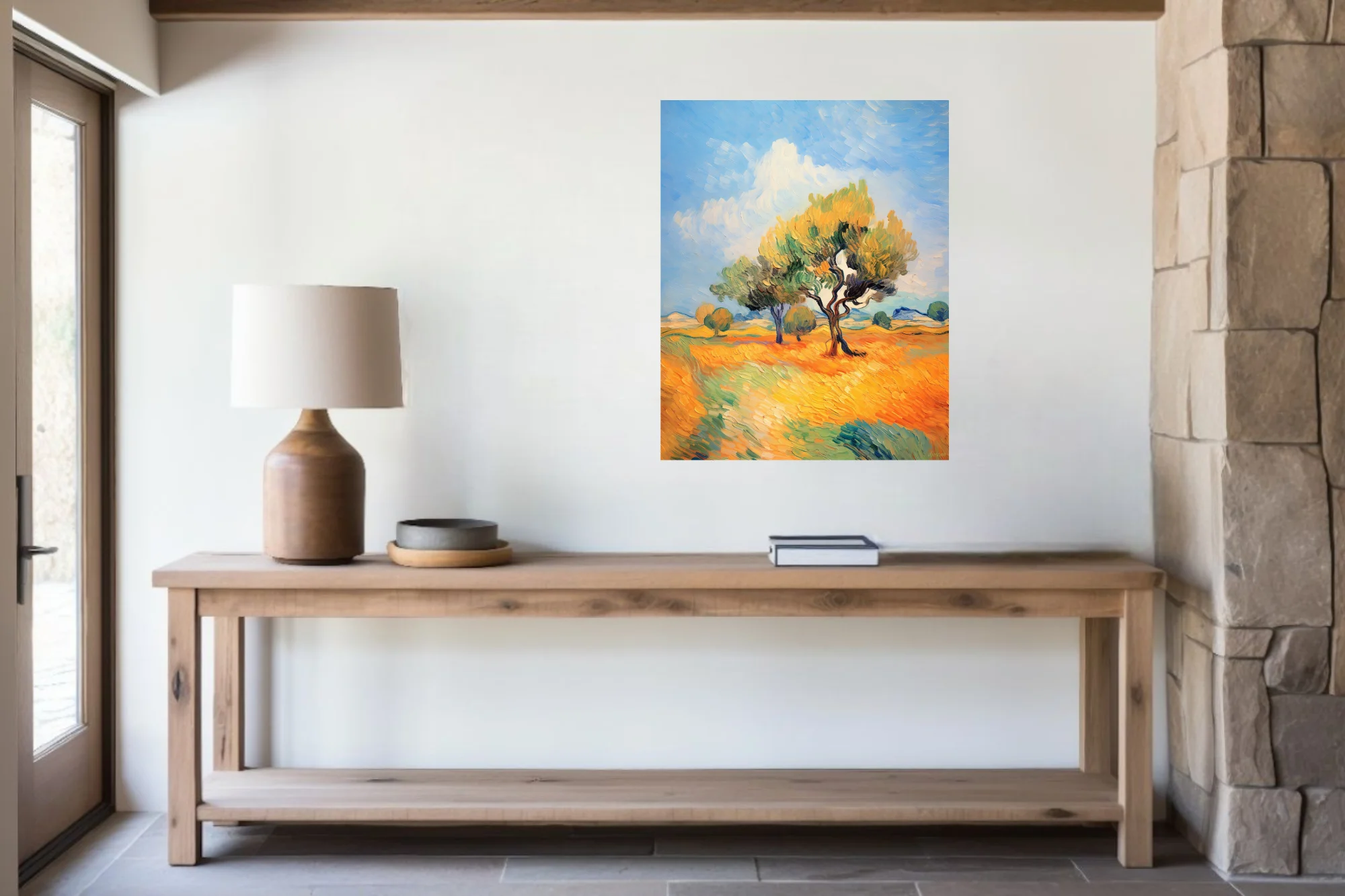 Swirling painterly Provence landscape with twisting trees in golden fields under a swirling blue sky