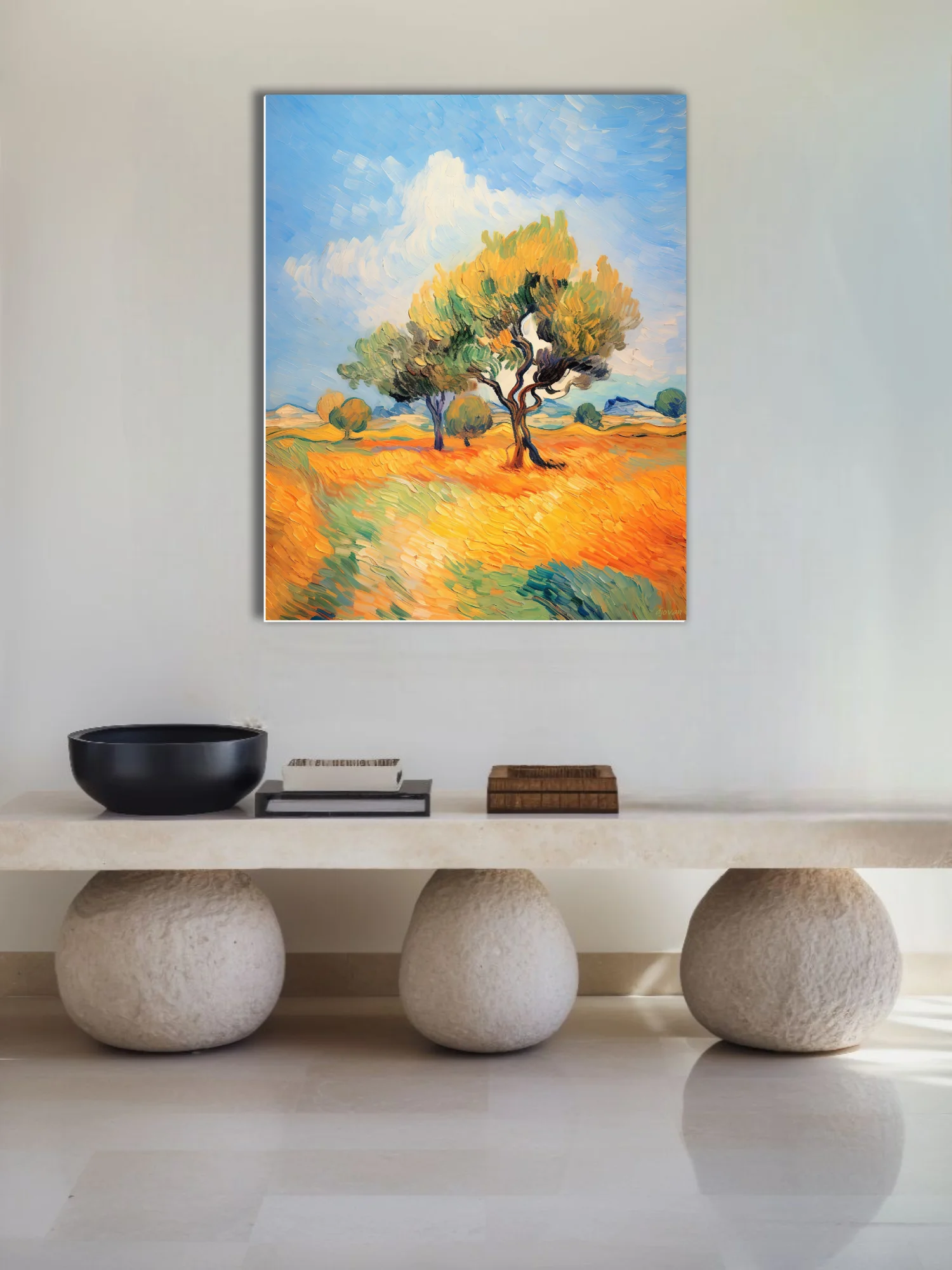 Swirling painterly Provence landscape with twisting trees in golden fields under a swirling blue sky