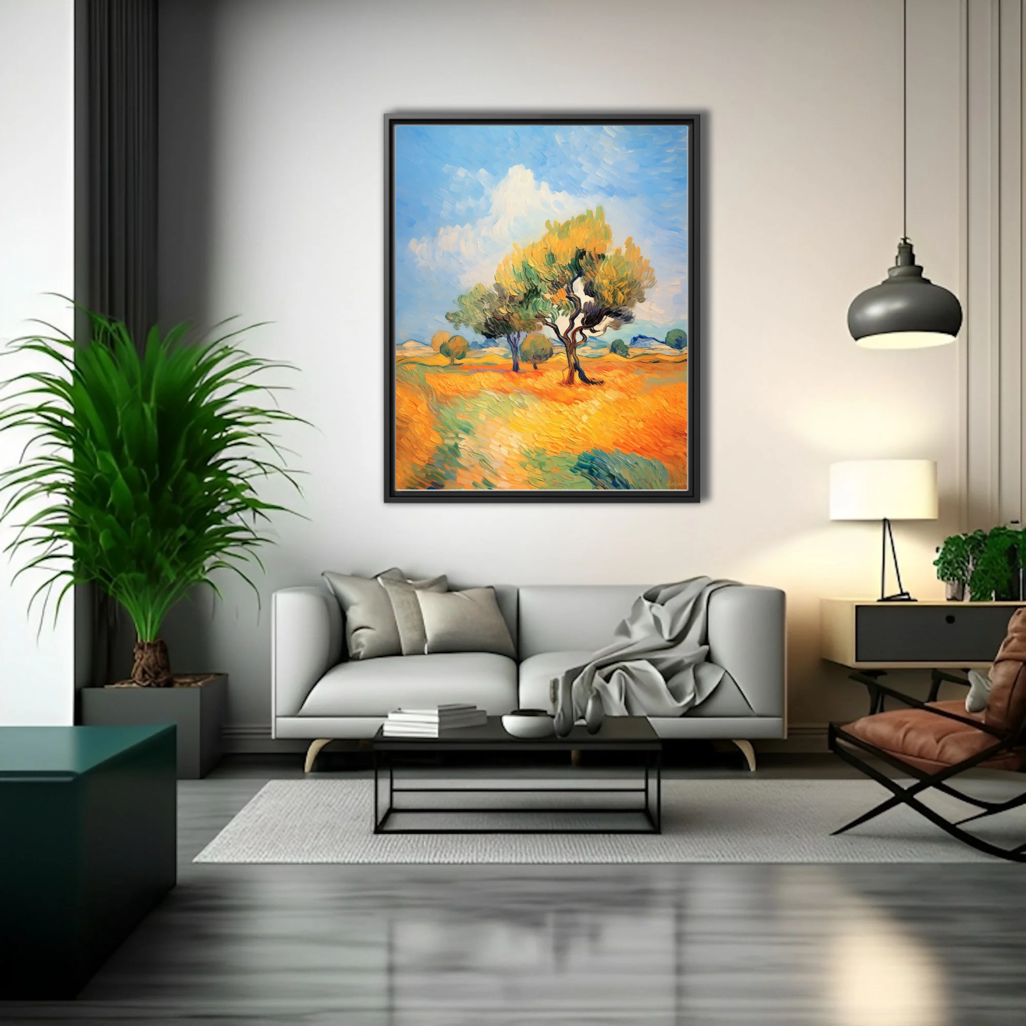 Swirling painterly Provence landscape with twisting trees in golden fields under a swirling blue sky