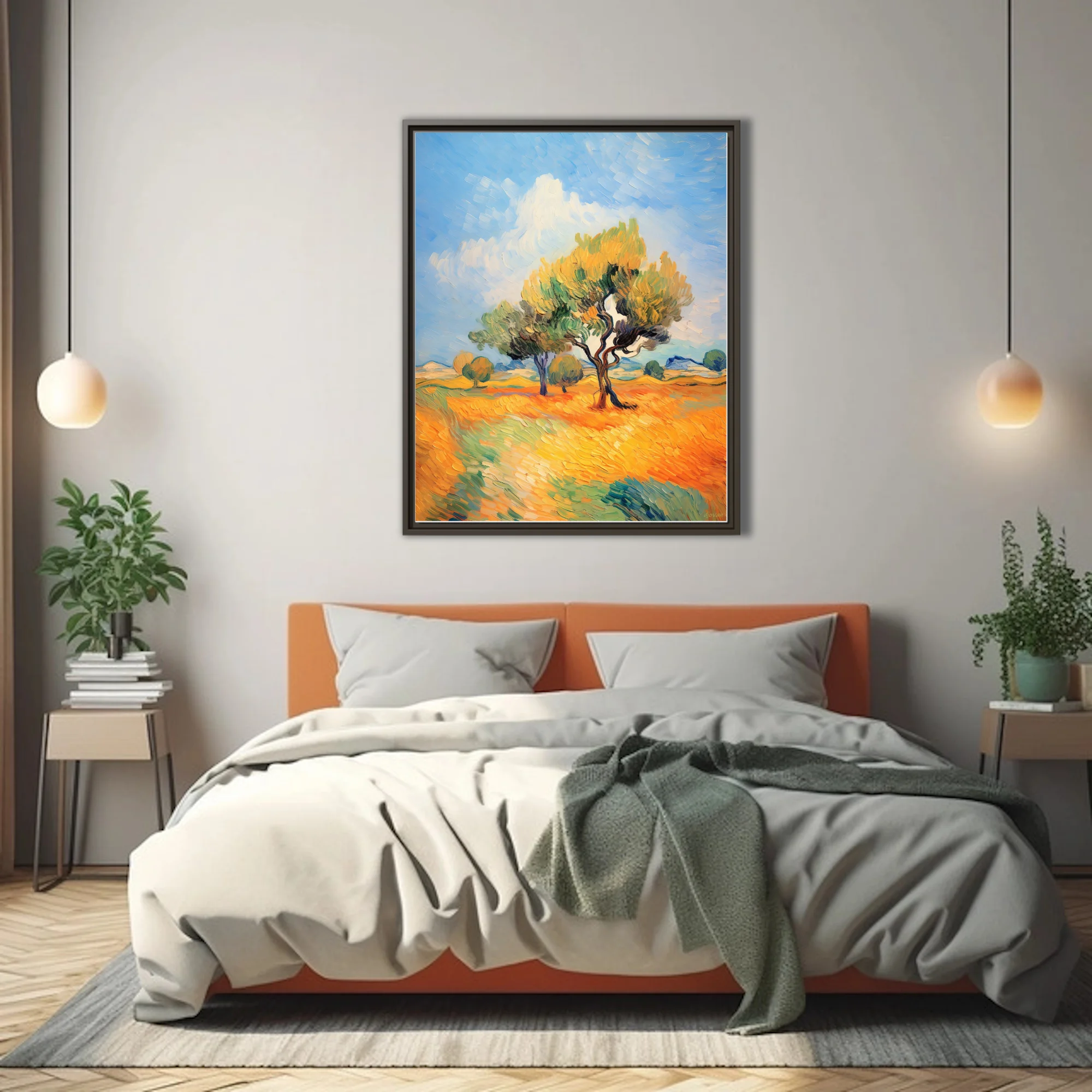 Swirling painterly Provence landscape with twisting trees in golden fields under a swirling blue sky