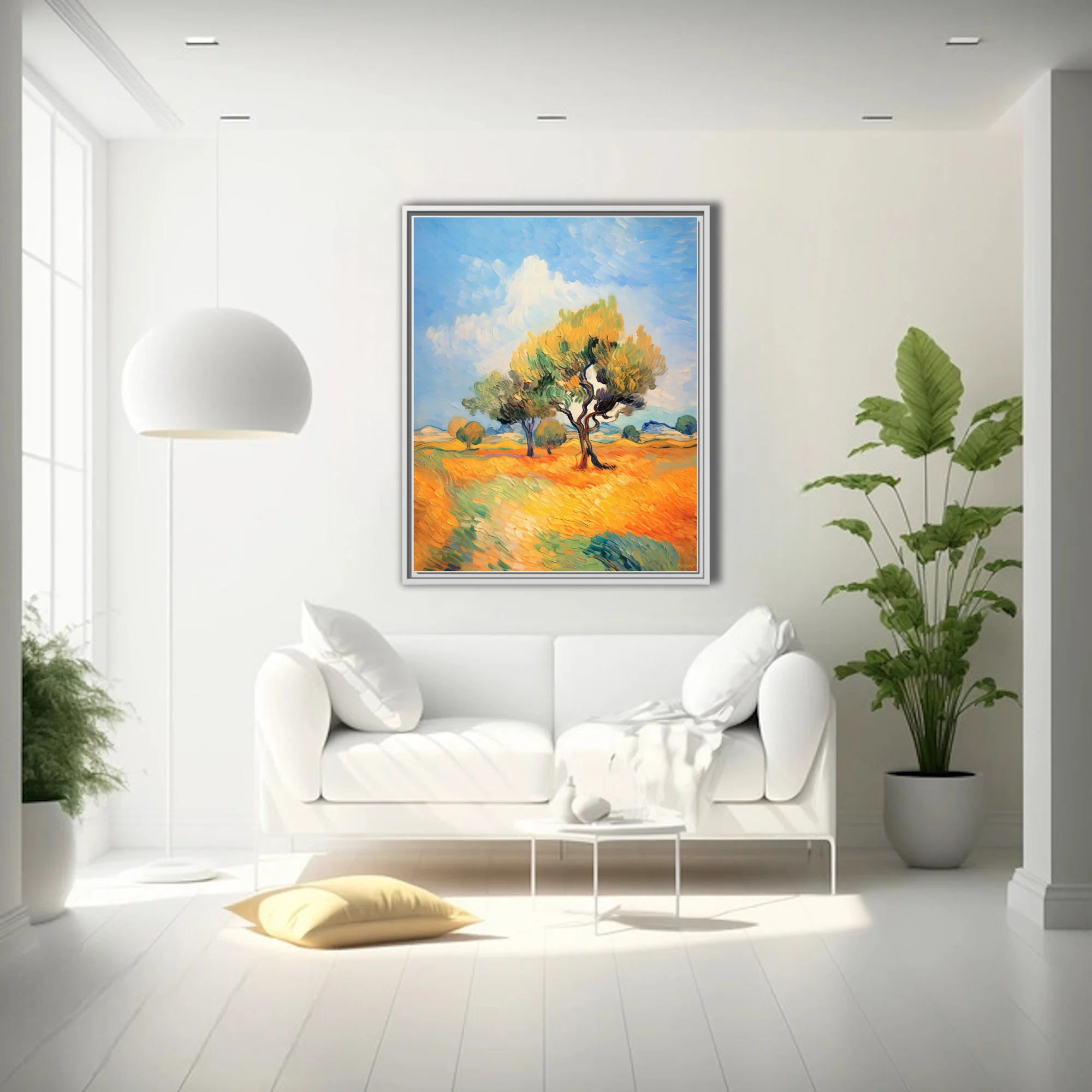 Swirling painterly Provence landscape with twisting trees in golden fields under a swirling blue sky