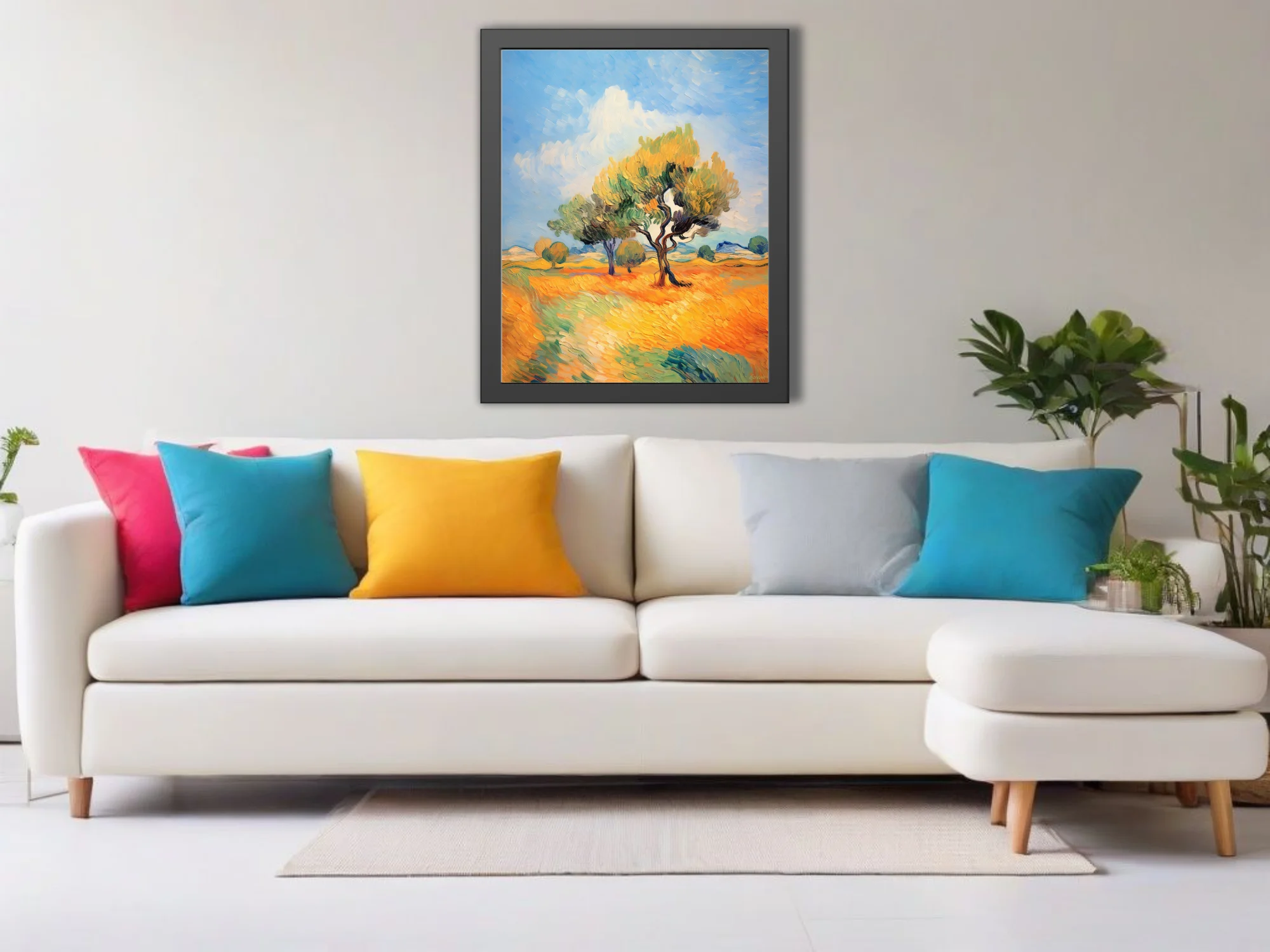 Swirling painterly Provence landscape with twisting trees in golden fields under a swirling blue sky