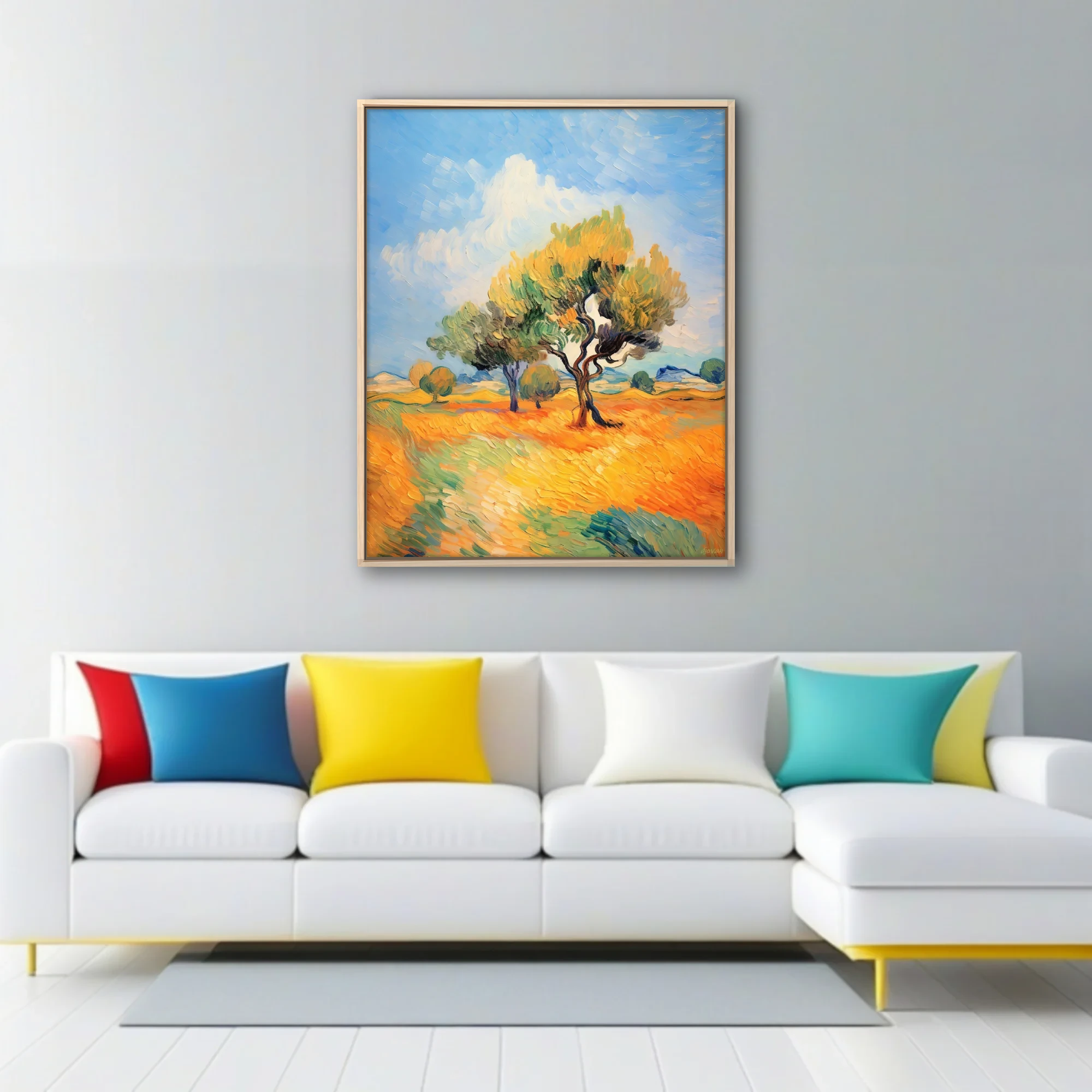 Swirling painterly Provence landscape with twisting trees in golden fields under a swirling blue sky