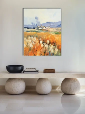 Soft painterly Provence landscape with wheat field, white blossoms, farmhouse, and lavender hills