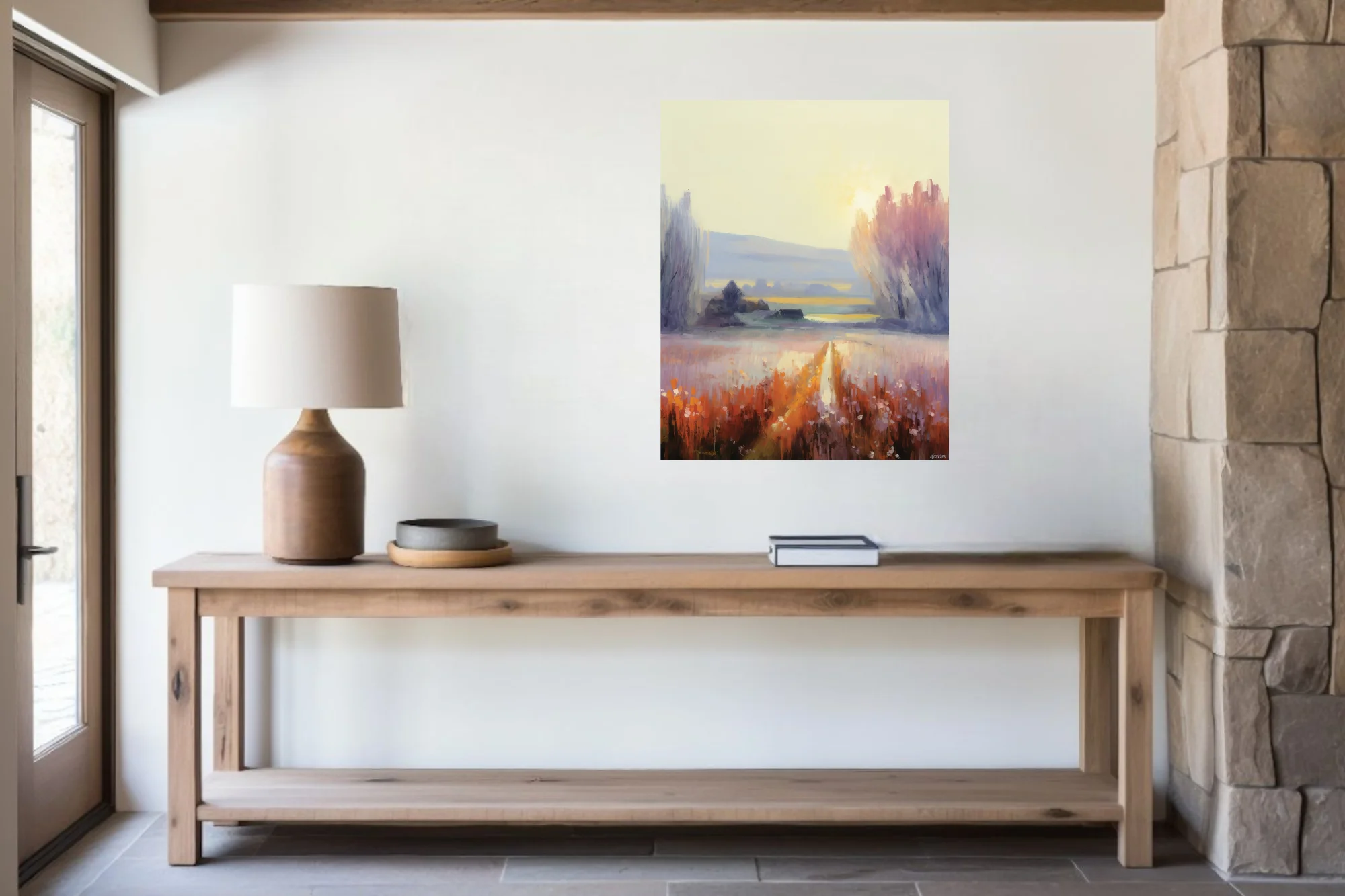 Painterly countryside landscape at sunrise with farmhouse, meadow, and trees in gold, rust, and lavender tones.