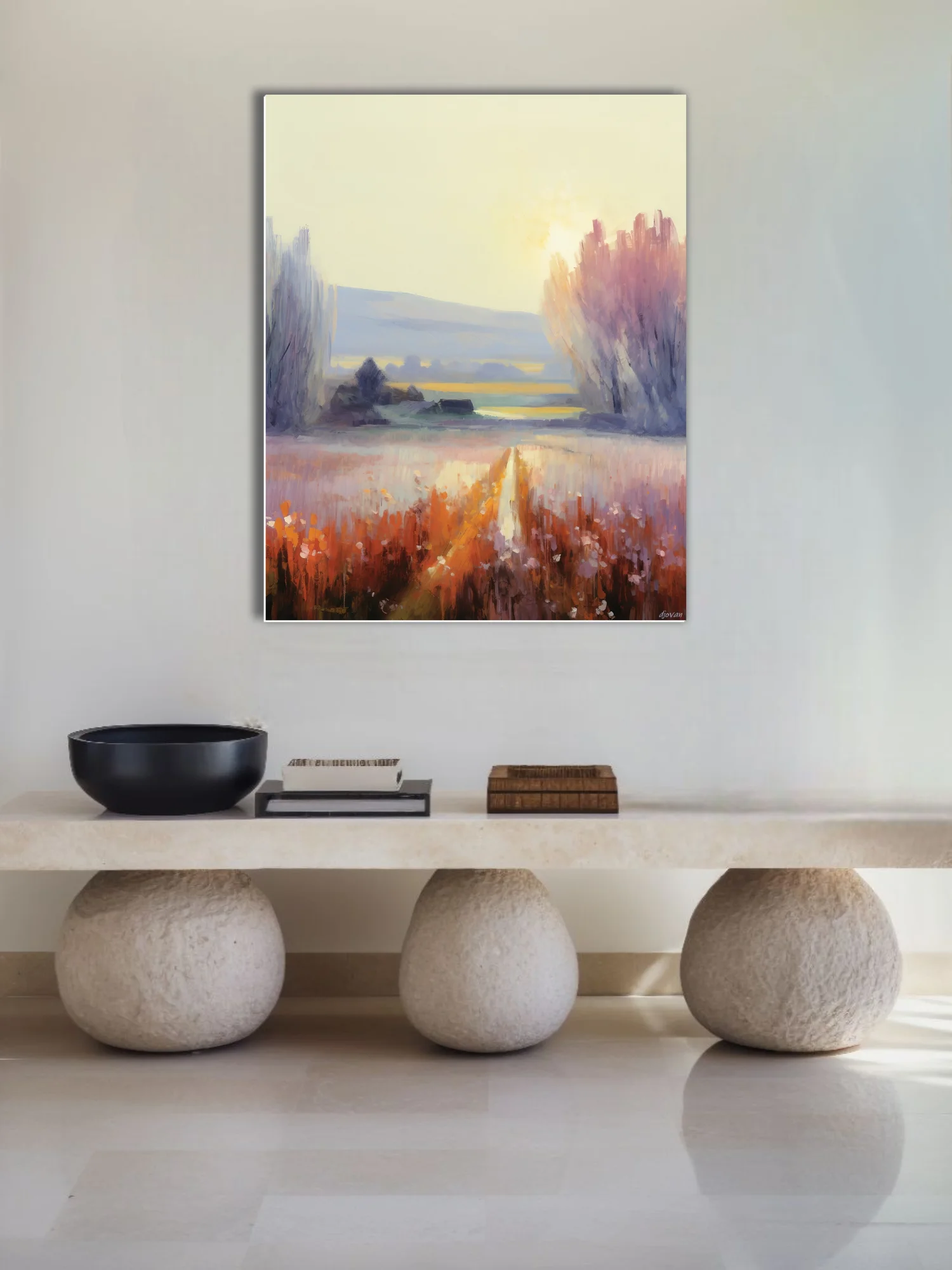 Painterly countryside landscape at sunrise with farmhouse, meadow, and trees in gold, rust, and lavender tones.