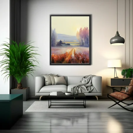Painterly countryside landscape at sunrise with farmhouse, meadow, and trees in gold, rust, and lavender tones.