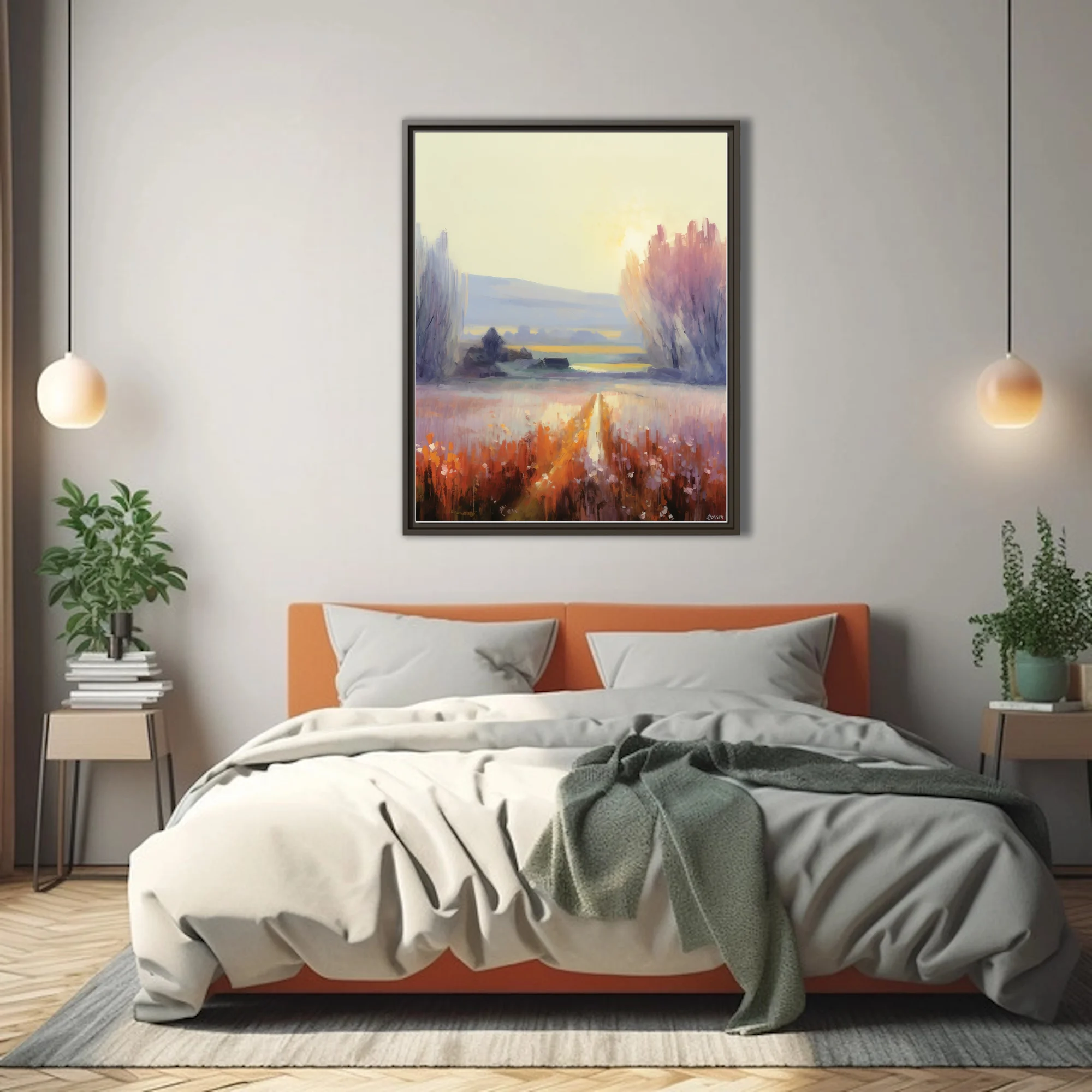 Painterly countryside landscape at sunrise with farmhouse, meadow, and trees in gold, rust, and lavender tones.