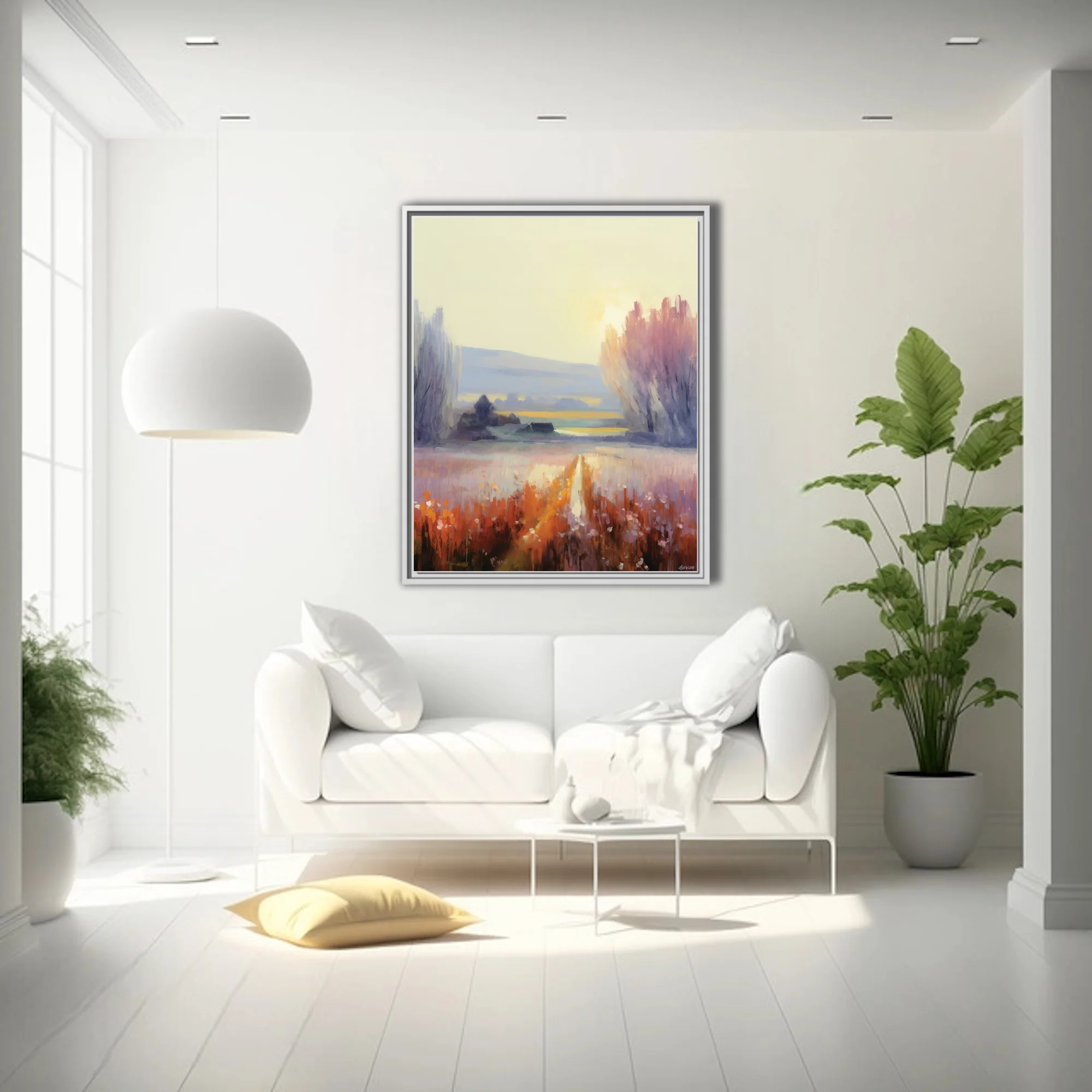 Painterly countryside landscape at sunrise with farmhouse, meadow, and trees in gold, rust, and lavender tones.