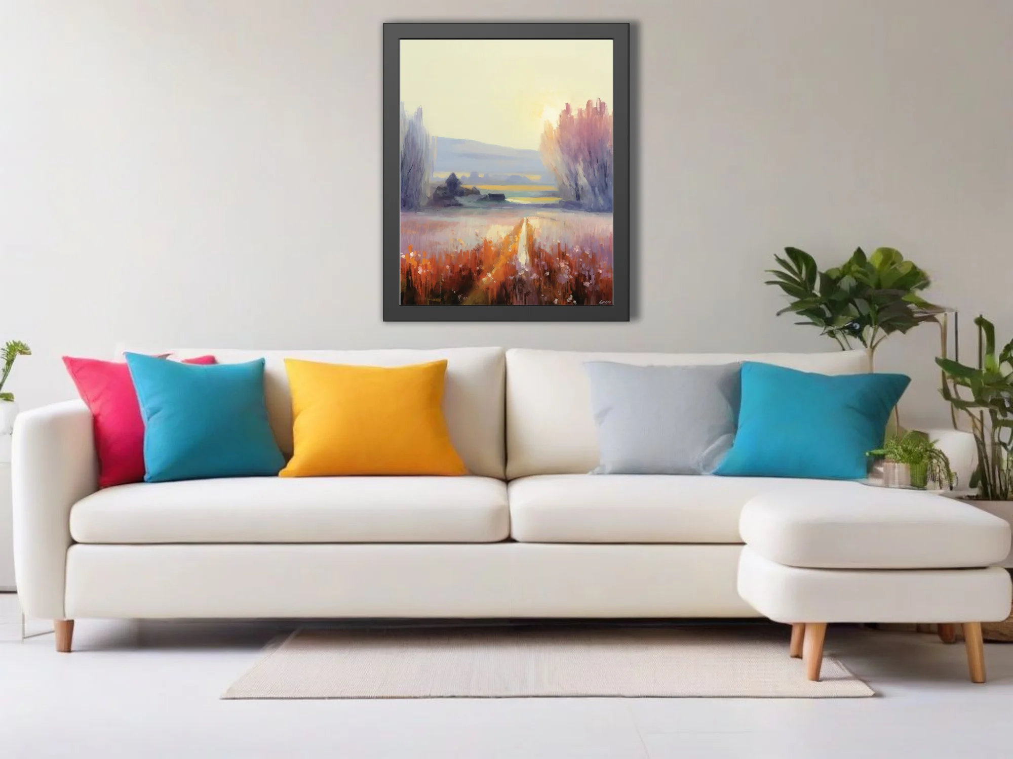 Painterly countryside landscape at sunrise with farmhouse, meadow, and trees in gold, rust, and lavender tones.