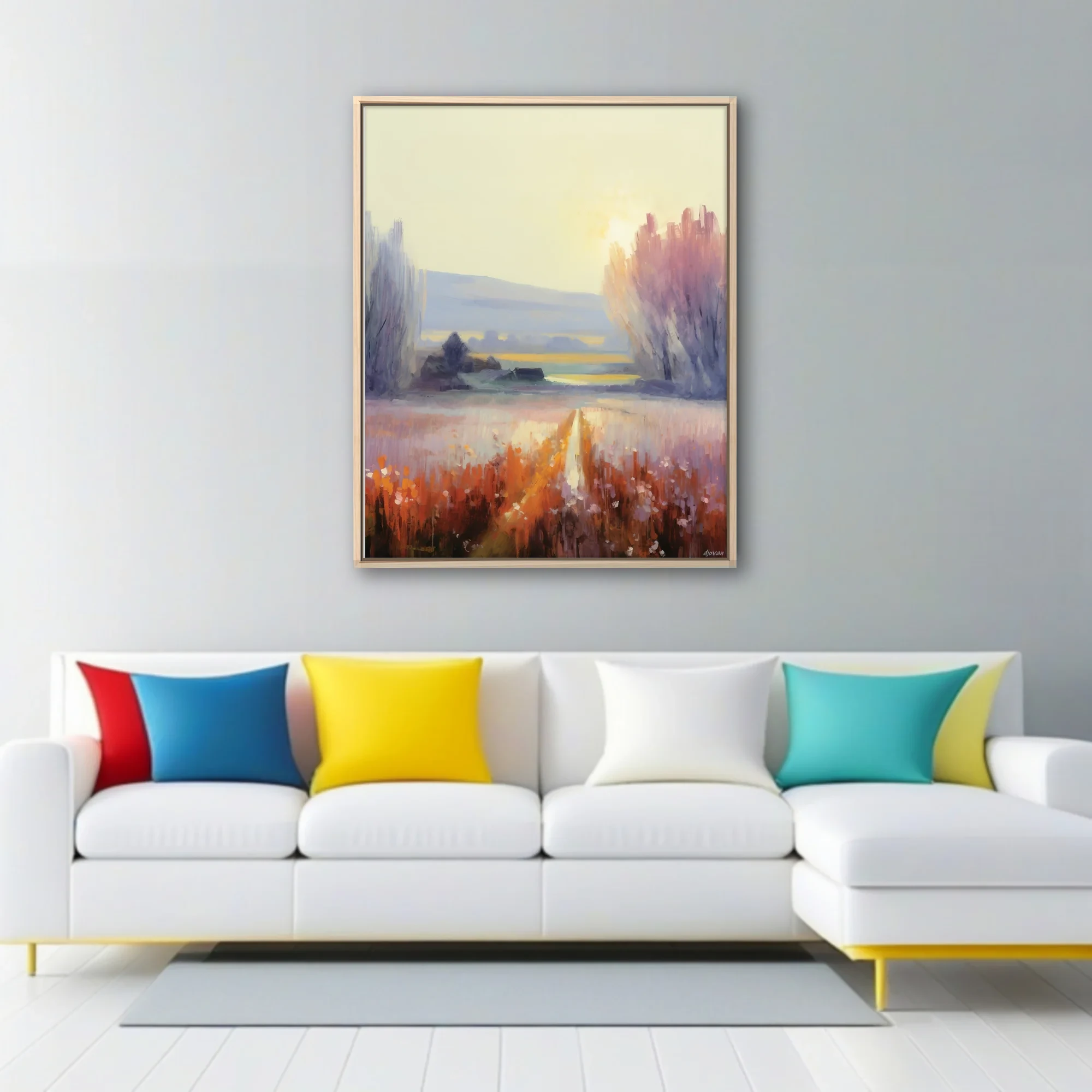 Painterly countryside landscape at sunrise with farmhouse, meadow, and trees in gold, rust, and lavender tones.