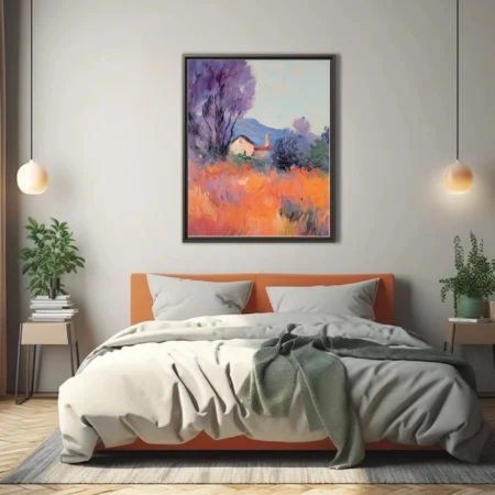 Soft painterly Provence landscape with farmhouse, lavender trees, and orange fields in warm painterly strokes
