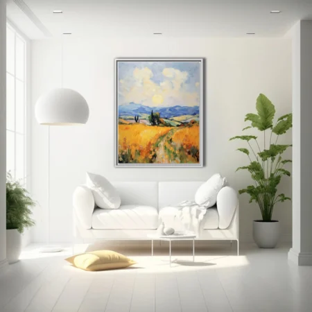 Swirling painterly Provence wheat field with cypress trees, blue hills and bright sun
