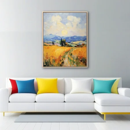 Swirling painterly Provence wheat field with cypress trees, blue hills and bright sun