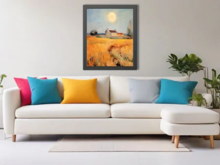 Swirling painterly Provence farmhouse and golden wheat field under a pale sun, warm ochre palette