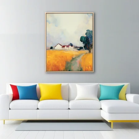 Swirling painterly Provence landscape with golden wheat fields, white farmhouses, and teal trees