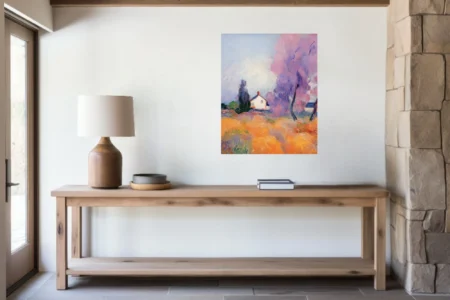 Soft painterly Provence countryside with whitewashed cottage, lilac trees and ochre fields in warm pastel light
