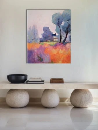 Swirling painterly Provence cottage landscape with orange, pink, and lavender meadow and blue-grey trees