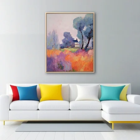 Swirling painterly Provence cottage landscape with orange, pink, and lavender meadow and blue-grey trees
