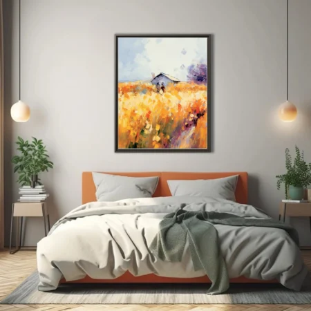 Soft painterly Provence summer field with farmhouse, golden ochre and lavender strokes