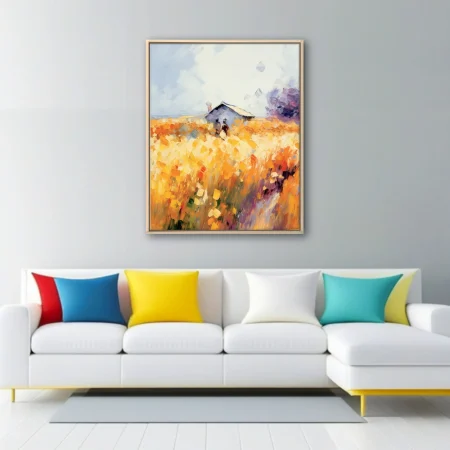 Soft painterly Provence summer field with farmhouse, golden ochre and lavender strokes
