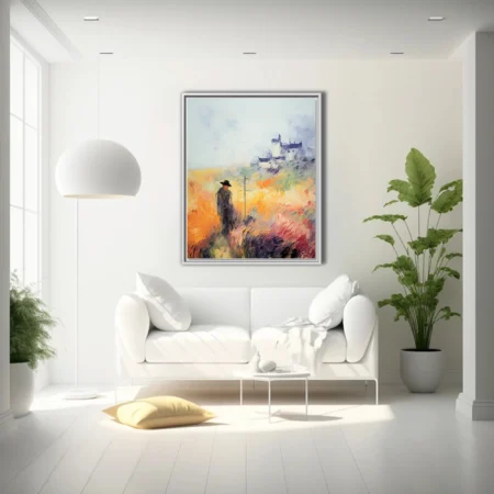 Soft painterly countryside landscape with solitary figure in golden fields below a misty hilltop citadel