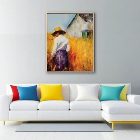 Soft painterly countryside figure in straw hat walking through golden field beside rustic farmhouse
