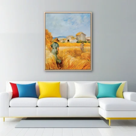 Swirling painterly Provence wheat field with figures in straw hats and whitewashed farm buildings under blue sky