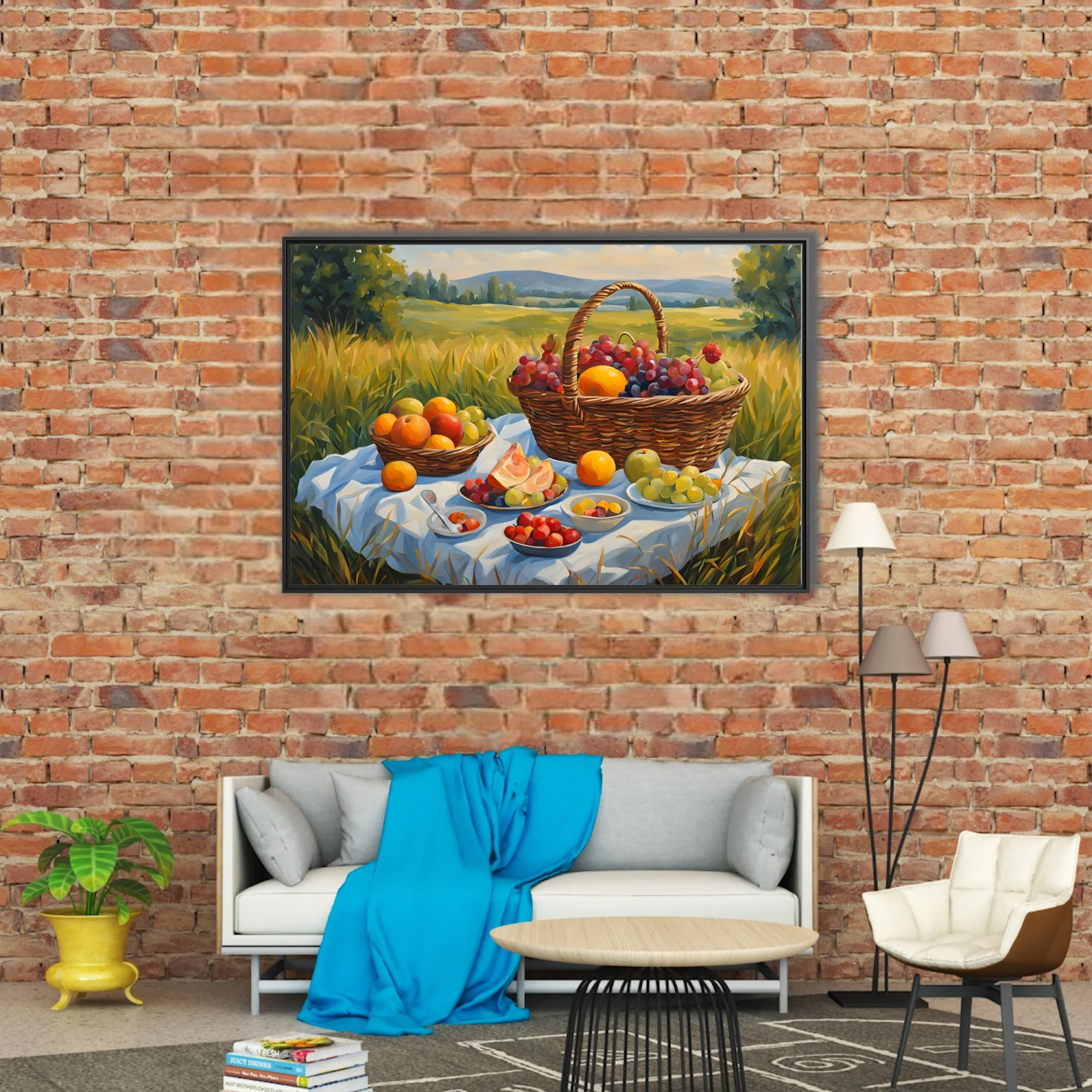 Sunlit countryside picnic still life with wicker basket, grapes, and orchard fruit