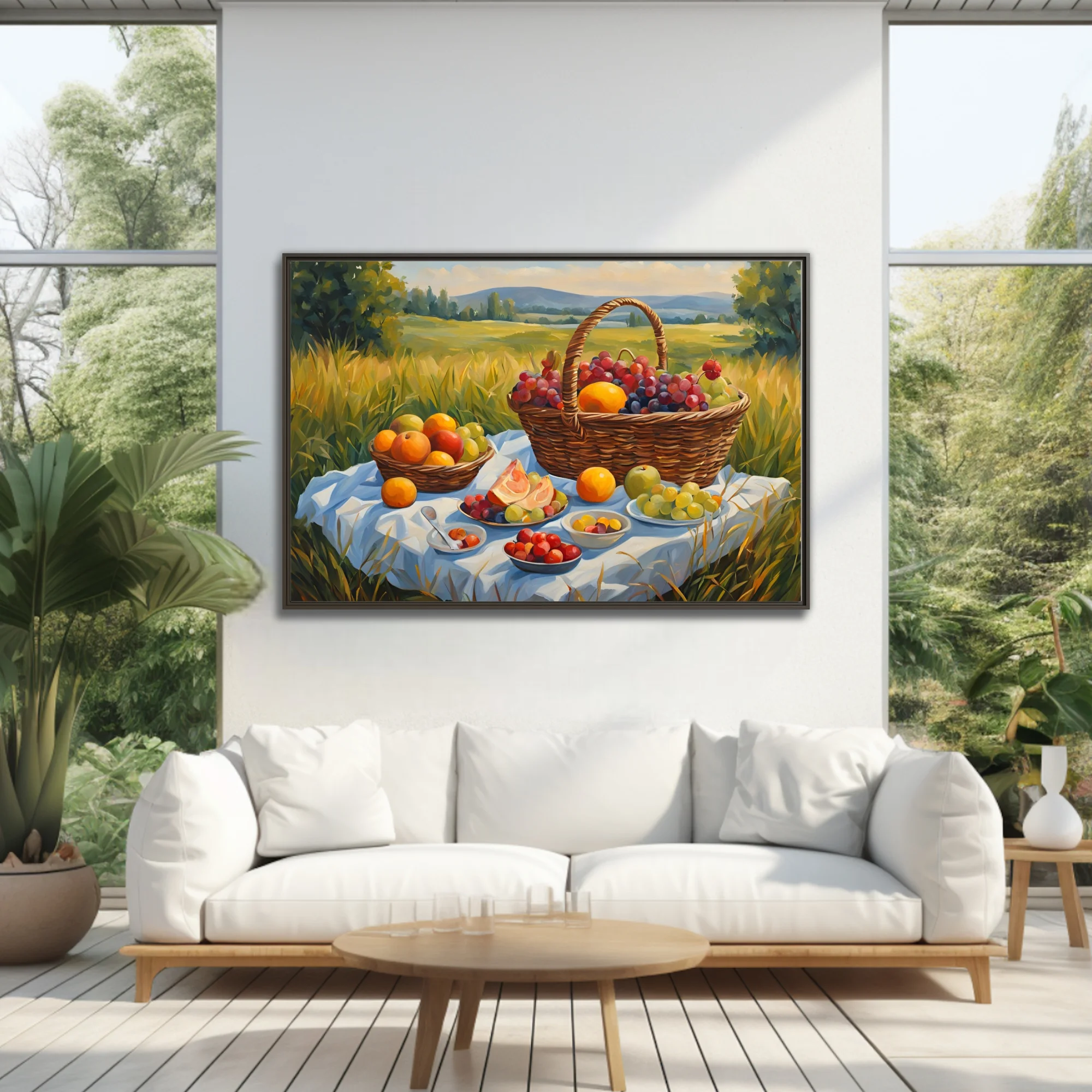 Sunlit countryside picnic still life with wicker basket, grapes, and orchard fruit