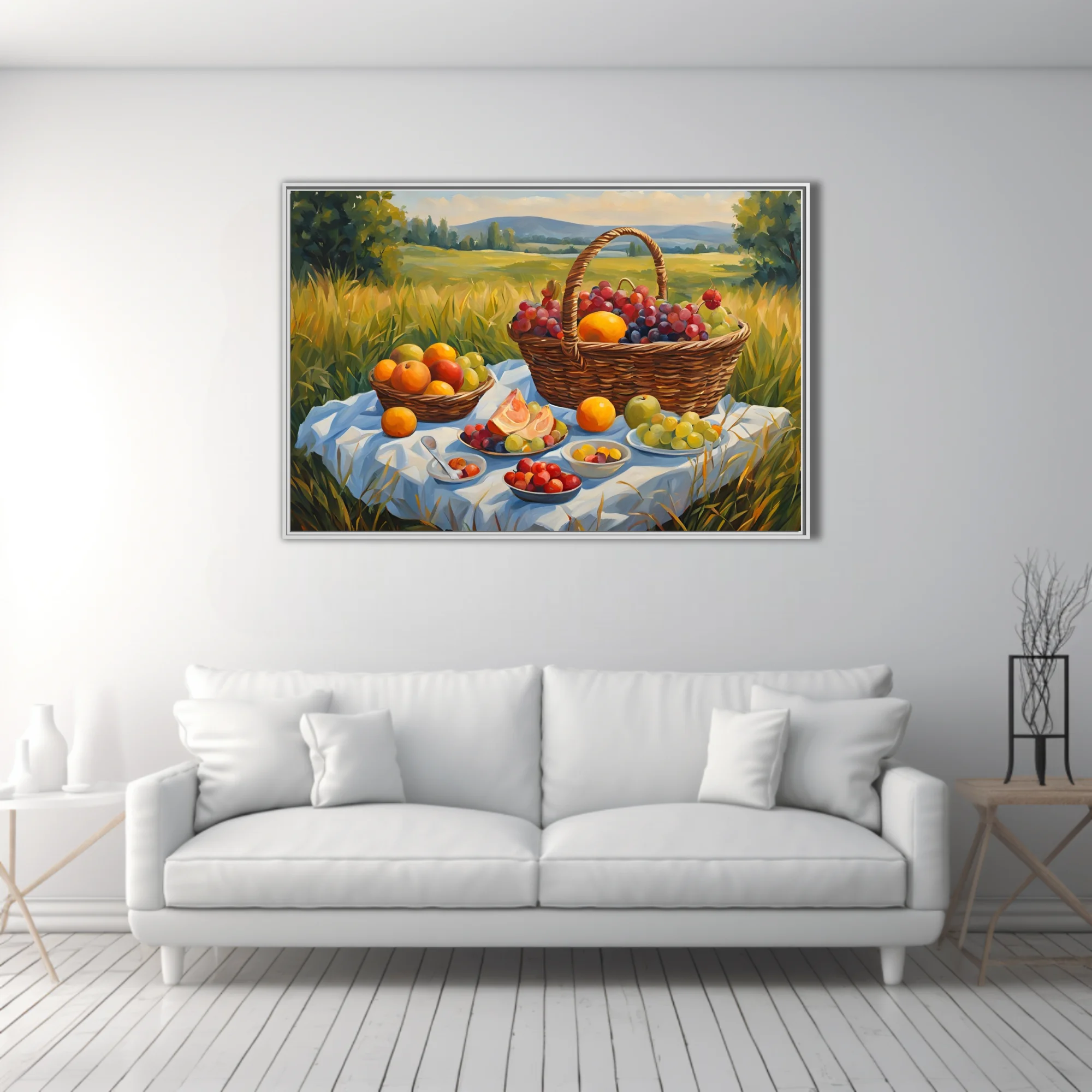 Sunlit countryside picnic still life with wicker basket, grapes, and orchard fruit