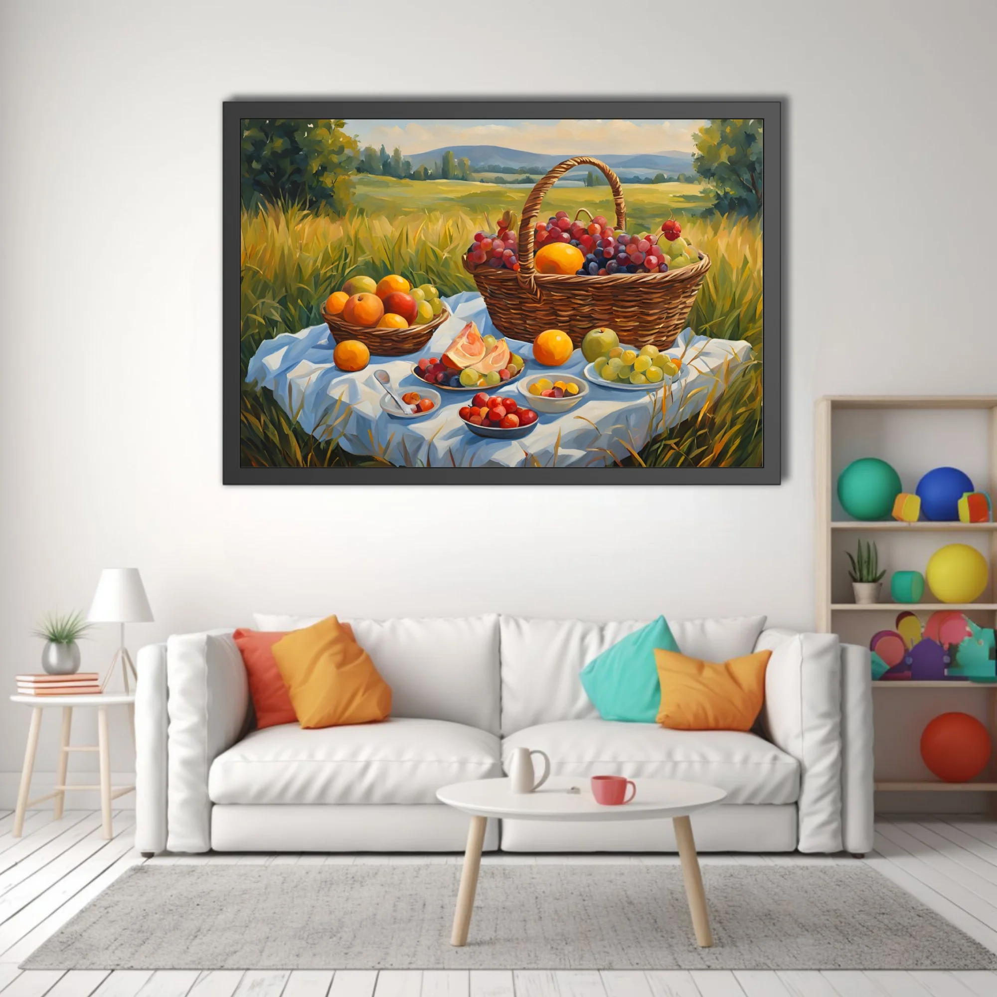 Sunlit countryside picnic still life with wicker basket, grapes, and orchard fruit