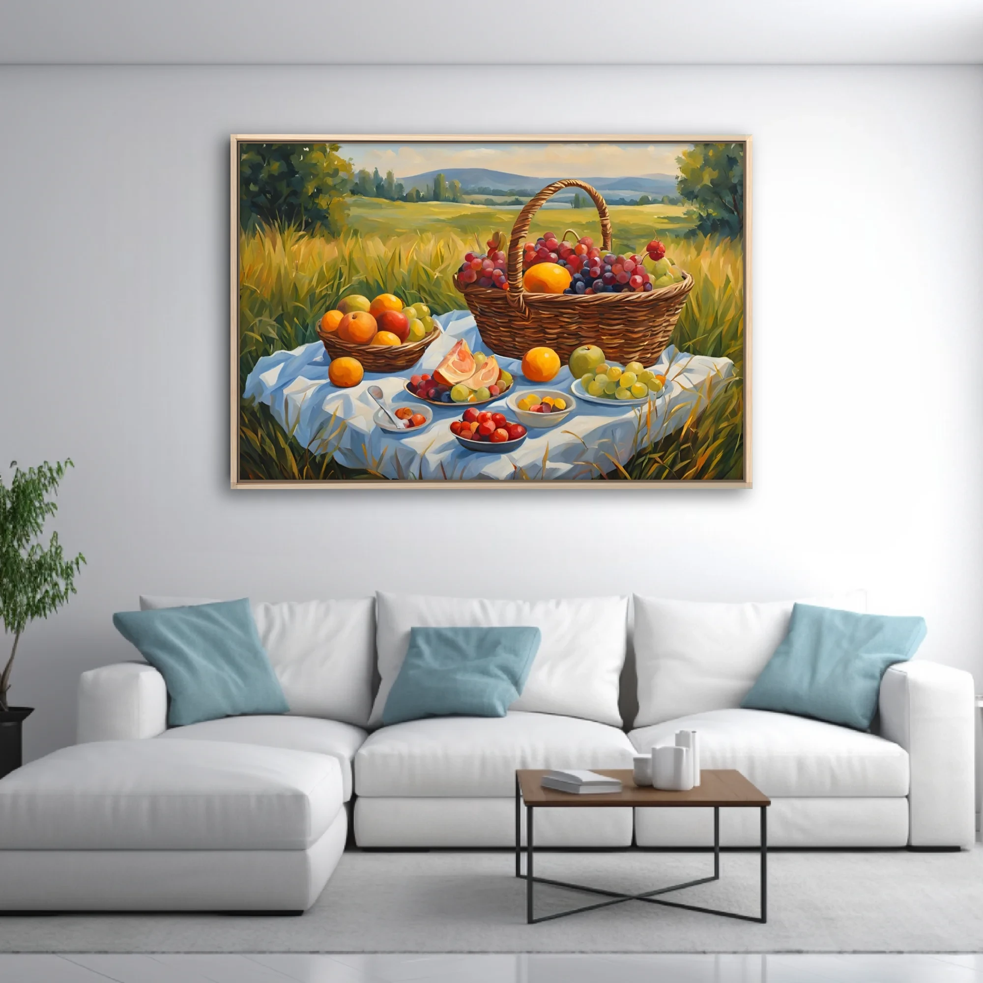 Sunlit countryside picnic still life with wicker basket, grapes, and orchard fruit