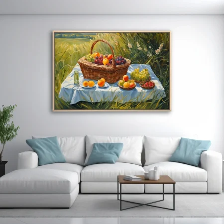 Painterly summer picnic scene with fruit basket on white cloth in golden meadow, warm pastoral palette