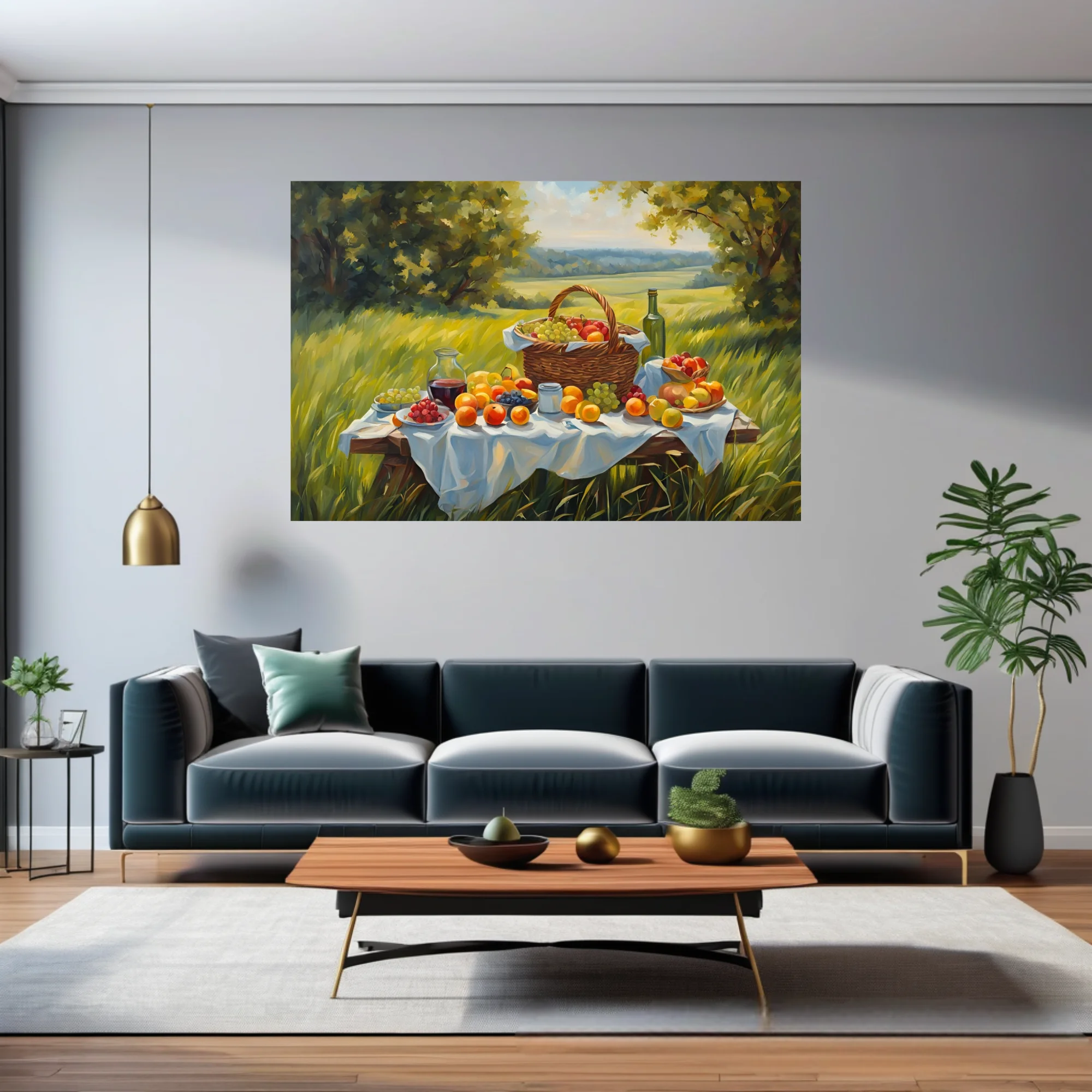 Sunlit countryside picnic still life with fruit basket and wine, painterly summer scene