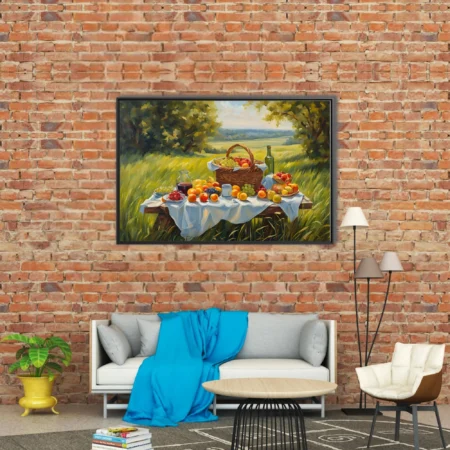 Sunlit countryside picnic still life with fruit basket and wine, painterly summer scene